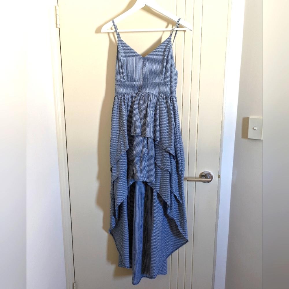 Miss Valley High low ruffle pinstripe strappy sun dress Sz 10 - Picture 1 of 9